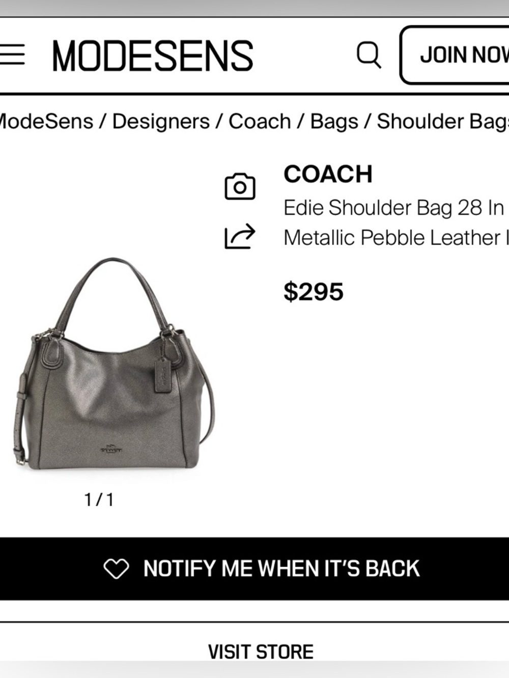 Coach Edie Metallic Gunmetal Pebbled Leather Shoulder Bag Tote - Picture 16 of 16
